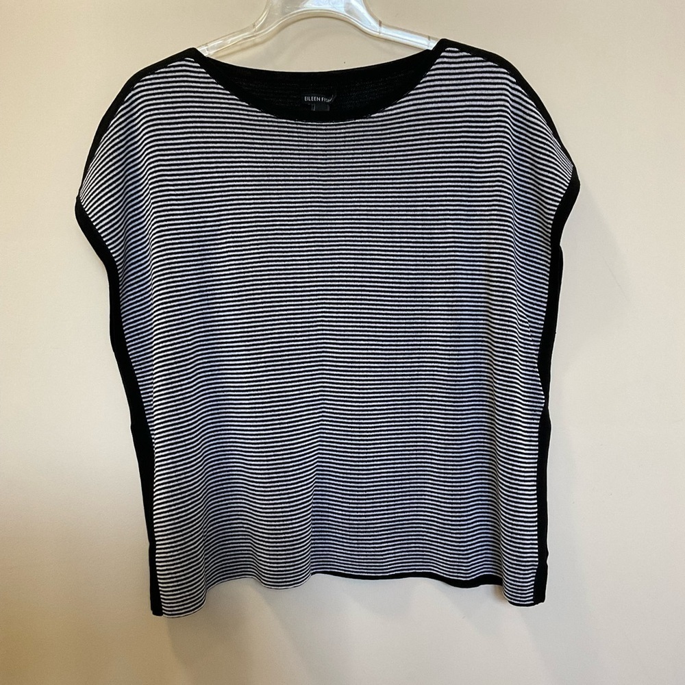 Eileen Fisher Bateau Neck Black & White Striped Box Top Size L/XL